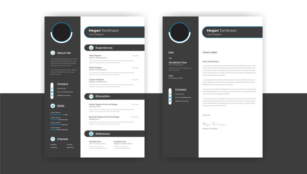 professional and clean cv resume template design and letterhead cover letter for ui ux designer. cv layout with photo placeholder. vector minimalist style