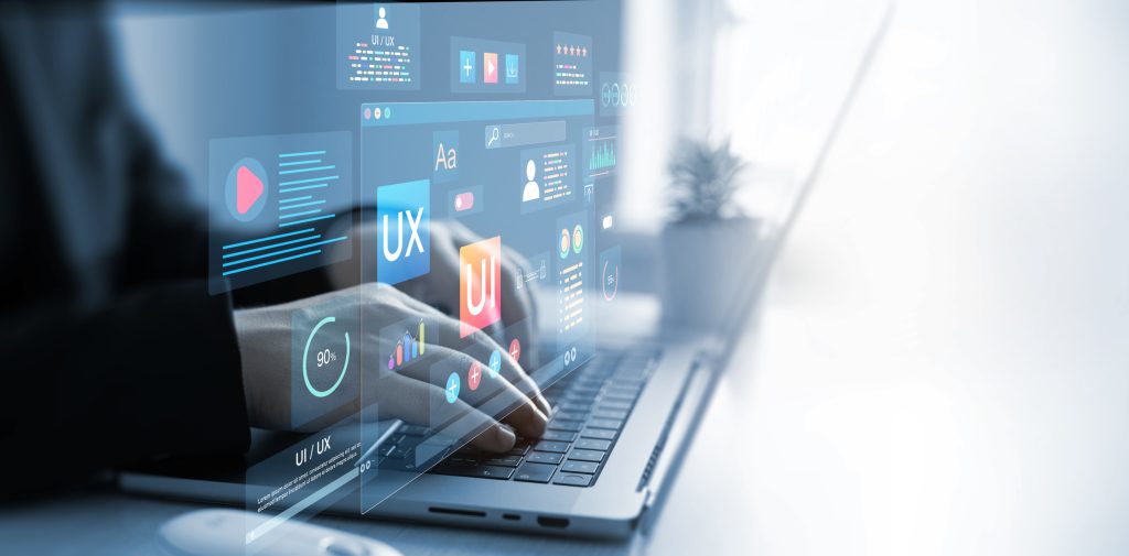 holographic ui ux, display icons of ux ui designer, creative planning, data visualization. web design, application design,coding develop.ux ui design web and user design development.